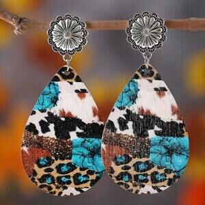 Western Turquoise Wooden Dangle Earrings Fish Hook